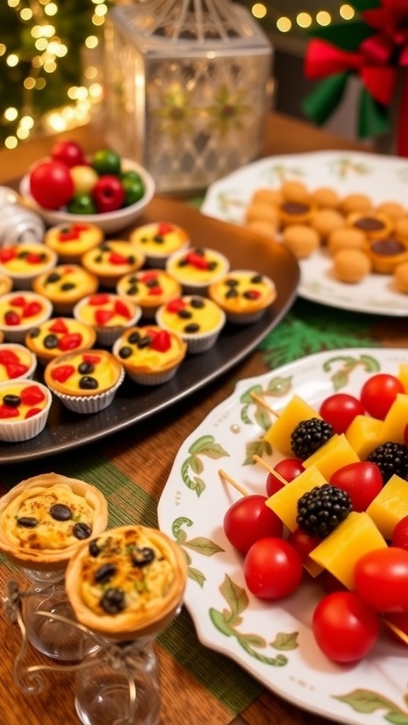 A festive assortment of Christmas party finger foods including mini quiches, stuffed mushrooms, and fruit skewers on a decorated table.